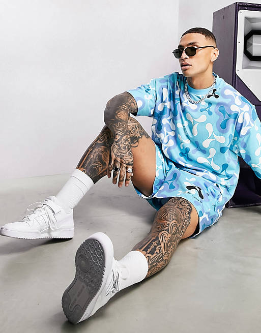 ASOS Dark Future x Cream co-ord oversized t-shirt in all over logo print in blue