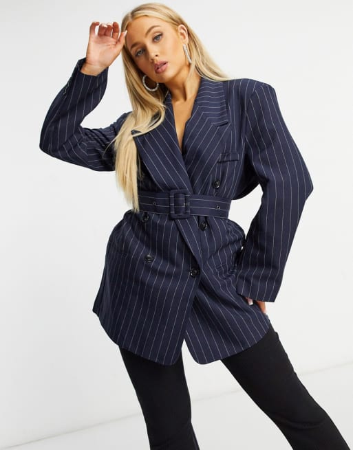 ASOS DESIGN belted blazer in navy pinstripe