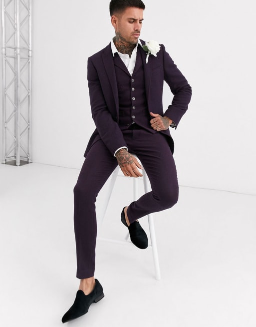 ASOS DESIGN - Abito da matrimonio super skinny in twill misto lana bordeaux