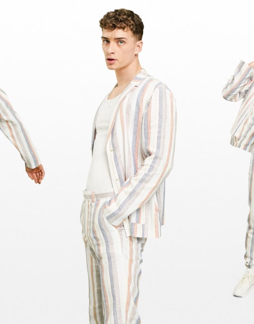ASOS DESIGN - Abito sartoriale slim in morbido lino con righe multiple, colore bianco e blu