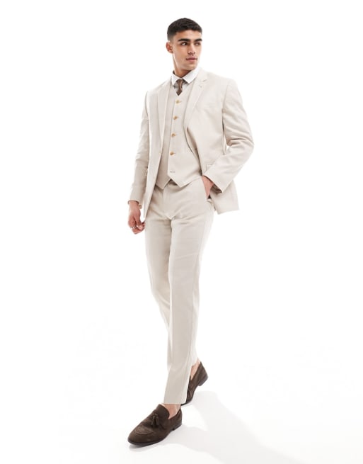 ASOS DESIGN - Abito slim in misto lino color pietra
