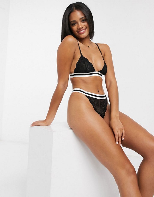 ASOS DESIGN Alice thong with lace and stripe sporty elastic in black