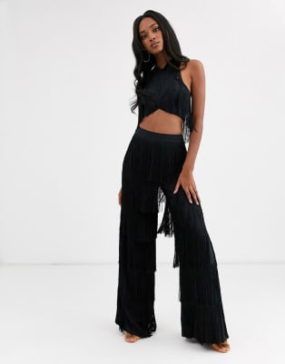 ASOS DESIGN all over tiered fringe wide leg pants two-piece