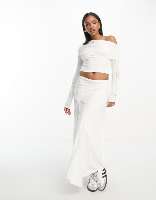 ASOS DESIGN asymmetric hem midi skirt co-ord with ruching detail in ivory