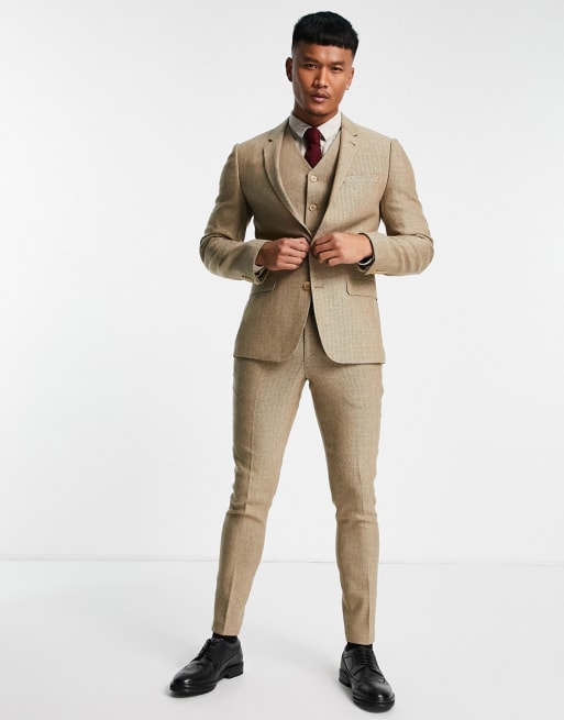 ASOS DESIGN – Bardzo obcisły kamiennobeżowy garnitur z mieszanki wełny w jodełkę