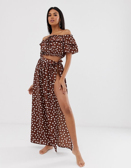 Polka Dot Jersey Tie Front Top & Skirt Two-Piece Set