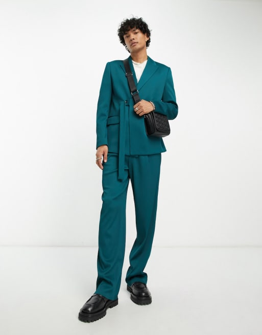 ASOS DESIGN belted suit in forest green plisse