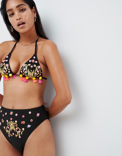 ASOS DESIGN - Bikini orné de pompons, perles et miroirs