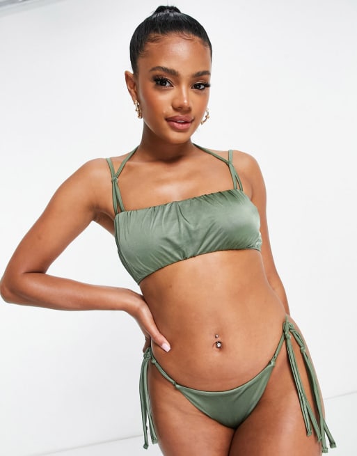 ASOS DESIGN – Bikini w kolorze khaki z paseczkami