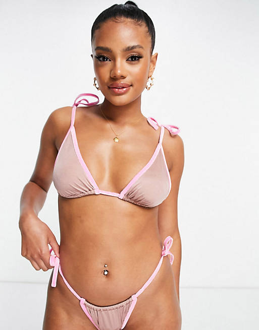 ASOS DESIGN bikini with velvet contrast bind in mink and pink