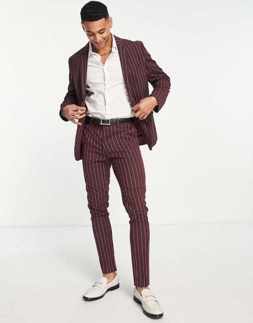 ASOS DESIGN – Bordowy zestaw garniturowy o obcisłym kroju w prążki