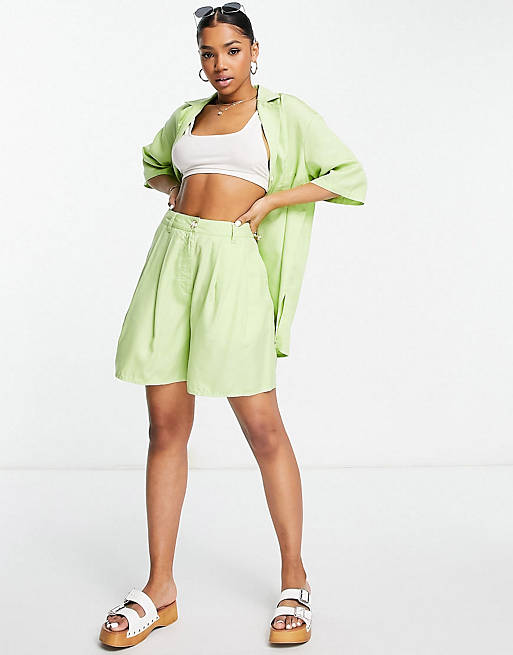 ASOS DESIGN bowling shirt, dad shorts and wide leg trousers in bright apple co-o