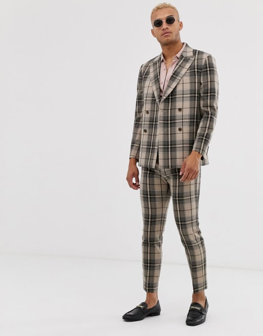 Asos Design Boxy Double Breasted Suit In Camel Check Asos