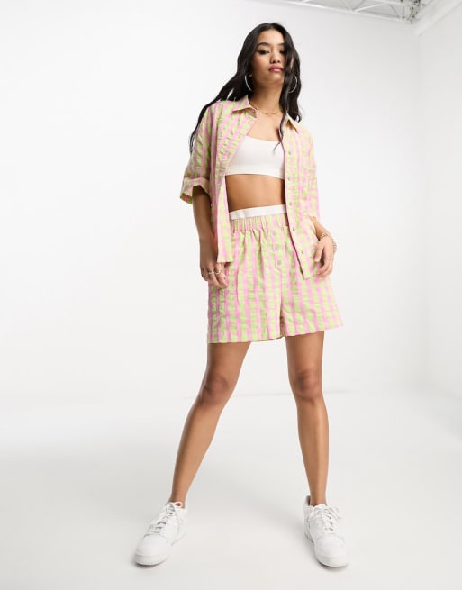 ASOS DESIGN boxy shorts set with buttons in pink and green check