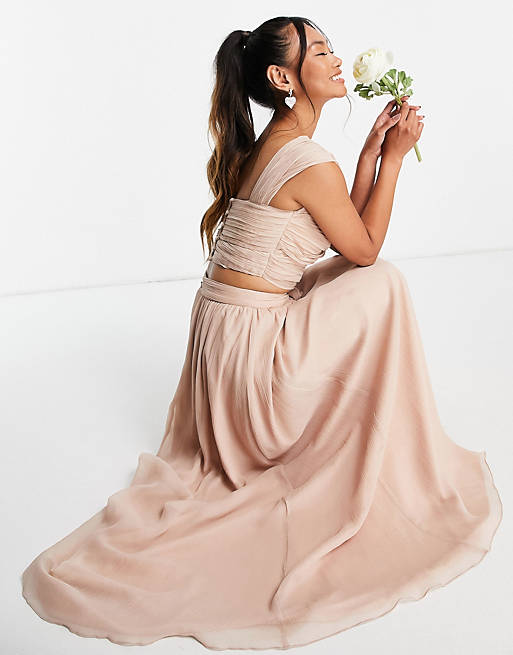 ASOS DESIGN Bridesmaid ruched crop top and soft maxi skirt set in blush