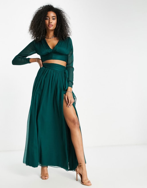 ASOS DESIGN Bridesmaid soft maxi skirt in forest green and top set