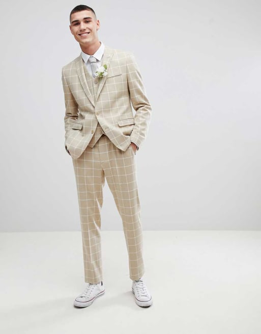 ASOS DESIGN - Bruiloft - Skinny kostuum in geruite kiezelkleur