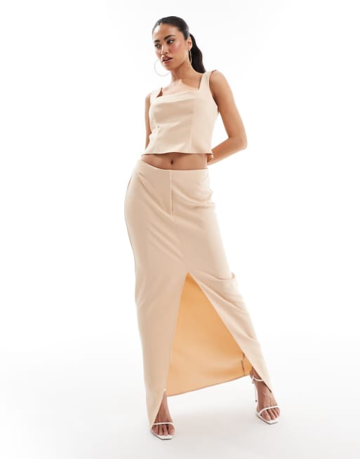 ASOS DESIGN – Brungrått finset med topp med fyrkantig ringning och maxikjol