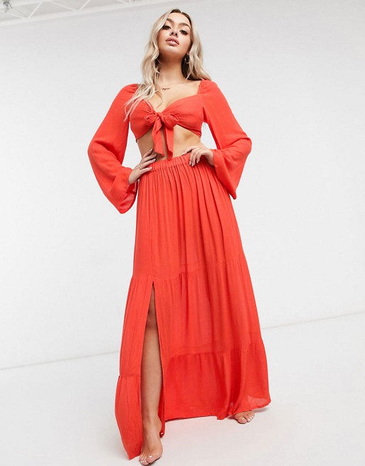 ASOS DESIGN bunny tie front wide sleeve beach top co-ord in red