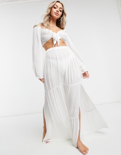 ASOS DESIGN bunny tie top and tiered maxi skirt beach co-ord in white