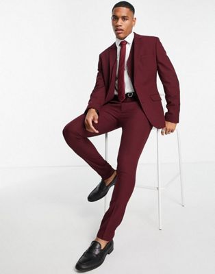 ASOS DESIGN skinny suit waistcoat in burgundy