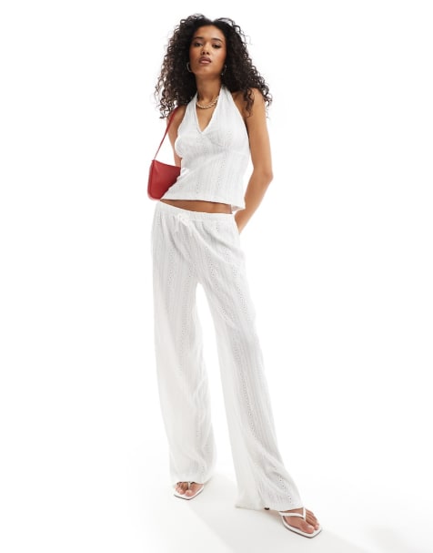ASOS DESIGN button through eyelet tank, halter top and pants set in ivory - view 1