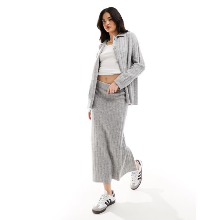 ASOS DESIGN button through shirt cardigan knitted mini skirt set in rib gray ASOS