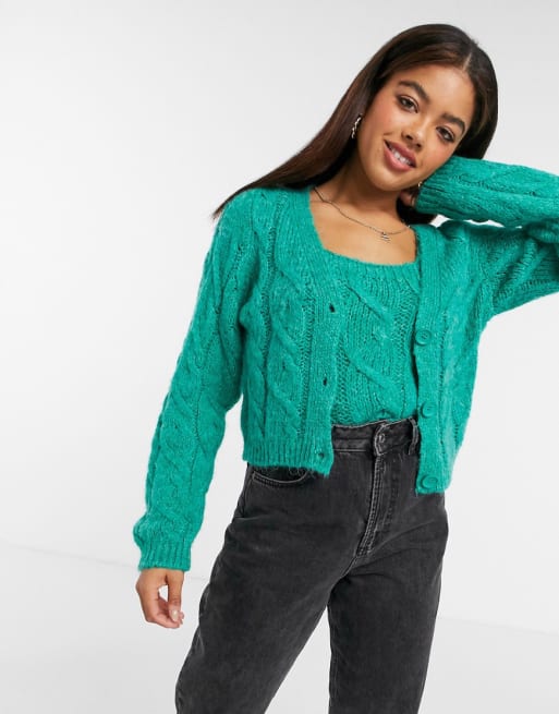 ASOS DESIGN cable cardigan and tank top set in green