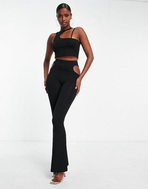 ASOS DESIGN cami crop top and kick flare cut out co-ord in black | ASOS