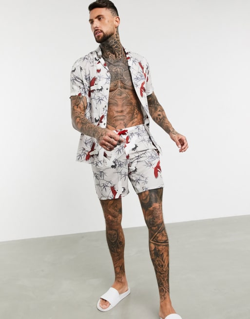 ASOS DESIGN - Camicia grigia e rossa con rondini in coordinato 