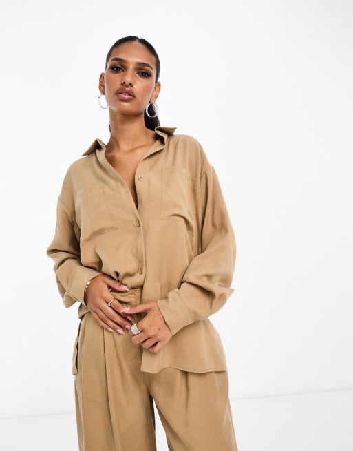 ASOS DESIGN - Casual broek met wijde pijpen in camel, deel van co-ord set