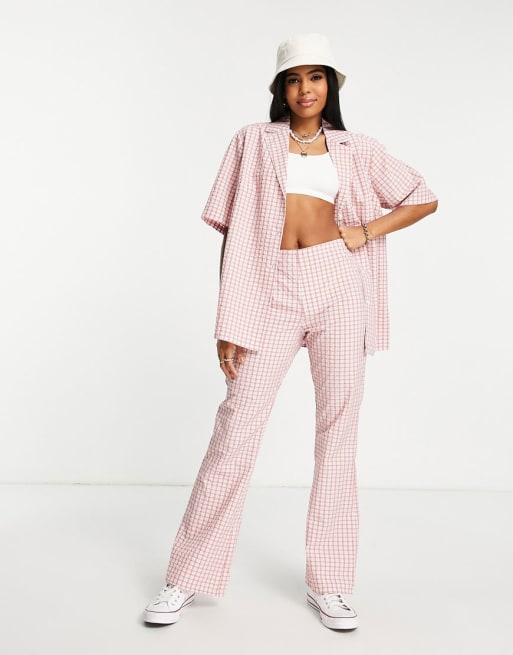 ASOS DESIGN casual flare pants and bowling shirt set in pink check | ASOS