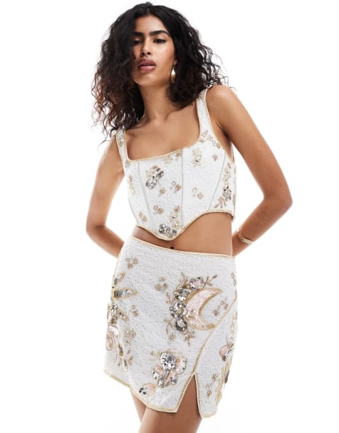 ASOS DESIGN celestial embellished sequin co-ord mini skirt & top in white - view 1