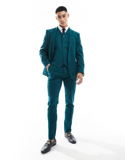 ASOS DESIGN – Ciemnozielony obcisły garnitur z domieszką lnu