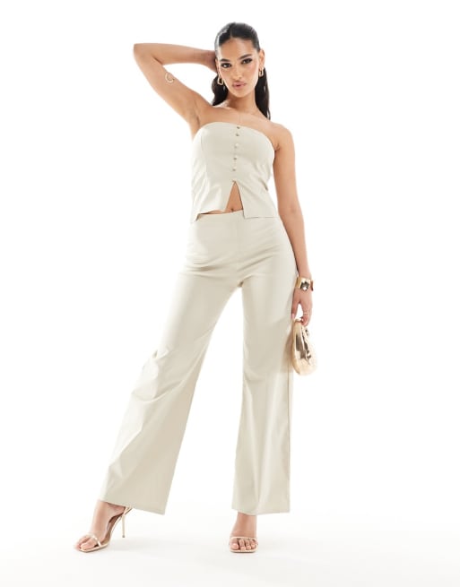ASOS DESIGN clean button through bandeau & wide-leg pants set in stone