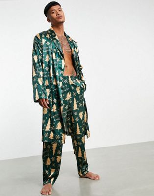 ASOS DESIGN co-ord christmas satin dressing gown and bottoms in tree print