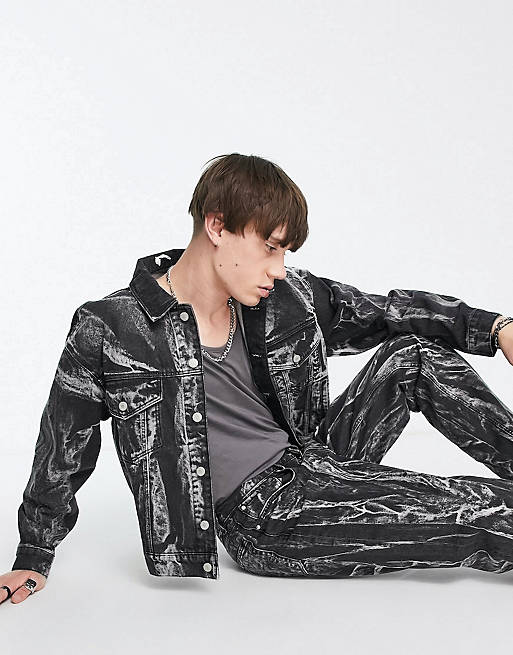 ASOS DESIGN Co-ord denim jacket and jeans in black marble wash