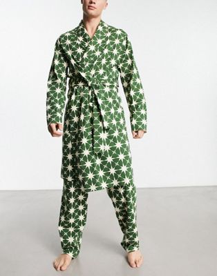 ASOS DESIGN co-ord dressing gown and lounge bottoms in green star print