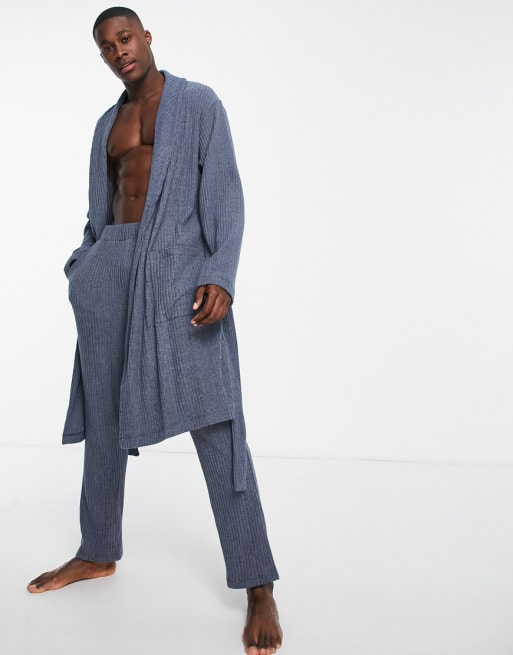 ASOS DESIGN co ord dressing gown ribbed trousers in blue ASOS