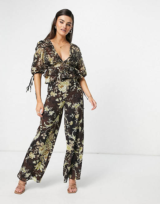 ASOS DESIGN Co-ord floral top with ruffle & wide leg trouser lace insert detail