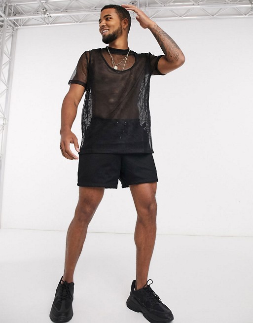 ASOS DESIGN festival co-ord shorts with mesh overlay in black