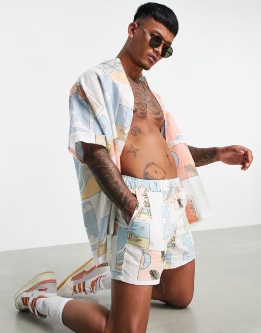 ASOS DESIGN co-ord in linen mix fabric with postcard print