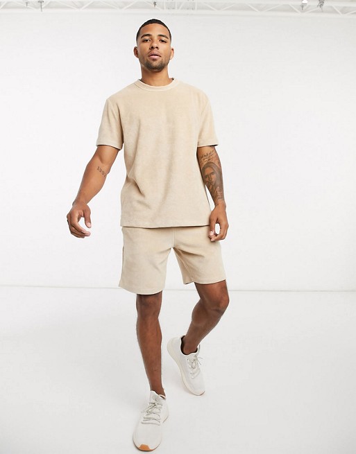 ASOS DESIGN co-ord towelling shorts in beige