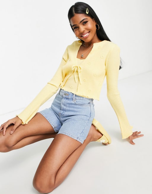 ASOS DESIGN co-ord knitted cami and cardigan with floral stitch detail in  yellow