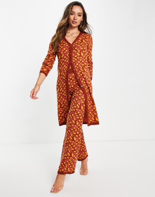 ASOS DESIGN co-ord longline cardigan and knitted flare trousers in pink wavy che