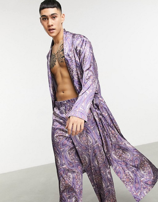 ASOS DESIGN co-ord lounge trousers and dressing gown in paisley print satin