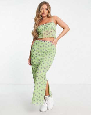 ASOS DESIGN co-ord mesh cami with ruched bust and midi skirt in green floral | ASOS
