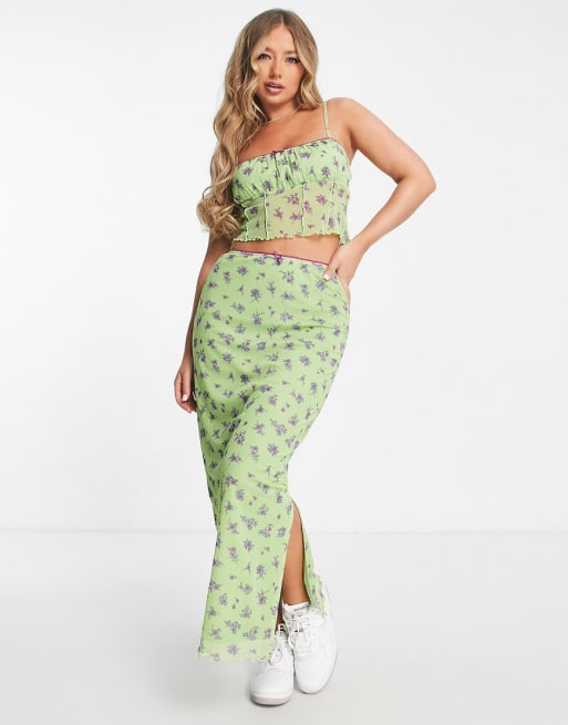 ASOS DESIGN co-ord mesh cami with ruched bust and midi skirt in green ...