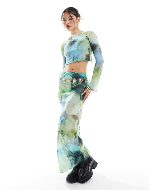ASOS DESIGN co-ord mesh open back flared sleeve top & maxi skirt in blurred flor - view 1