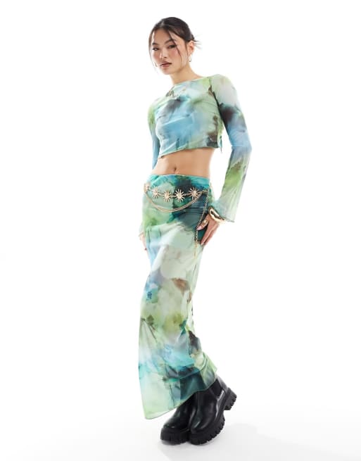 ASOS DESIGN co-ord mesh open back flared sleeve top & maxi skirt in blurred flor